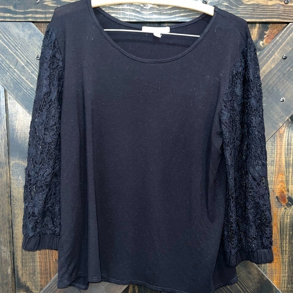 Anthropologie Green Envelope Top L‎ Lace Sleeves Black Balloon Semi Sheer